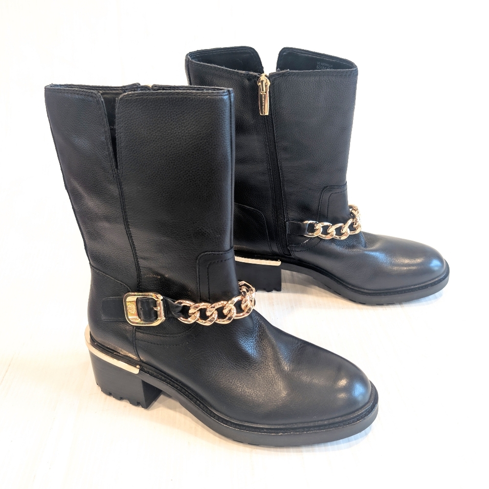 VINCE CAMUTO Keshilla Moto Black Leather Riding Boots with Gold Chain Accent